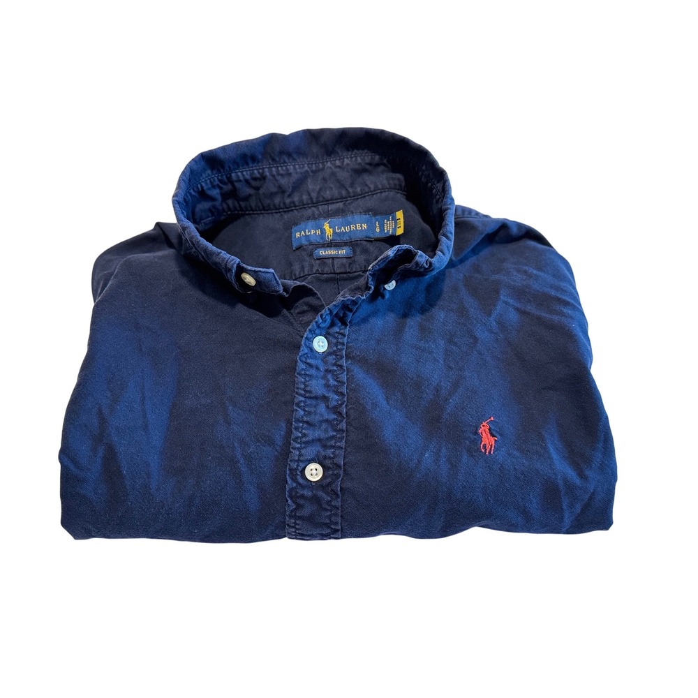 Ralph Lauren Classic Fit Button Down Shirt Navy Red Pony Logo Men L Preppy